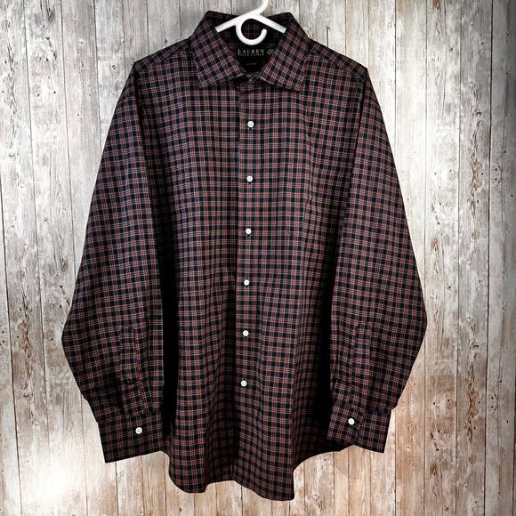 Lauren Ralph‎ Lauren Button Up Shirt Mens size 18 34/35 Navy Red Classic Plaid - Picture 1 of 7